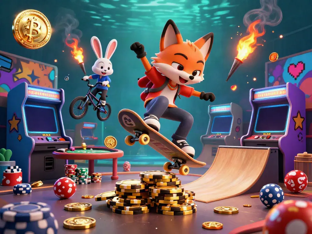 Experience the thrill at a popular online casino with a dynamic scene of a skateboarder fox and BMX rabbit amidst vibrant casino elements.