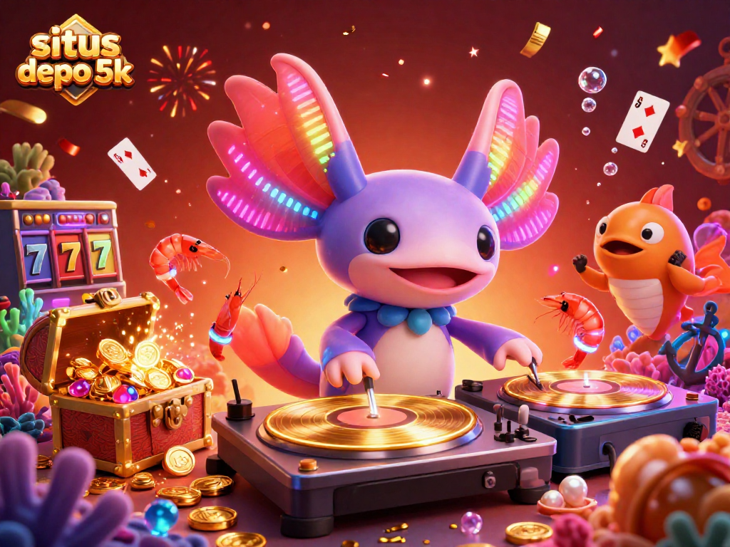 Experience the exciting action of situs depo 5k with vibrant characters, gold coins, and casino symbols in a dynamic scene.