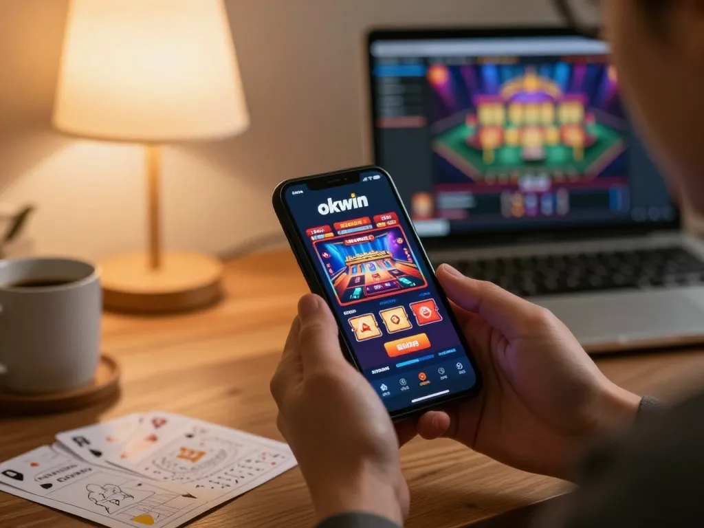 Engaging with the okwin app for an immersive mobile gambling experience during a cozy home evening.