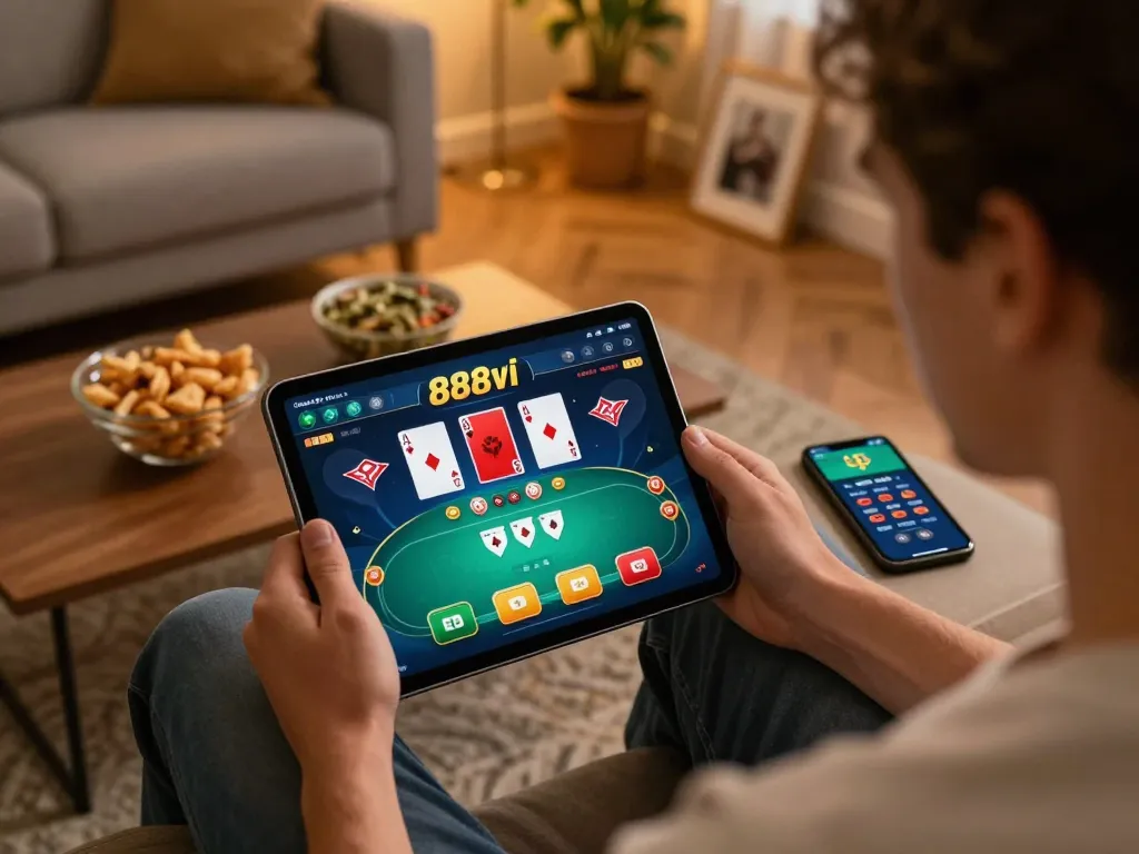 Player engaging with the 888vi casino app on a tablet, showcasing an inviting home gaming atmosphere.