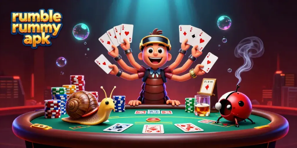 Enjoy the vibrant atmosphere of the Rumble Rummy APK with lively characters and dynamic poker elements.