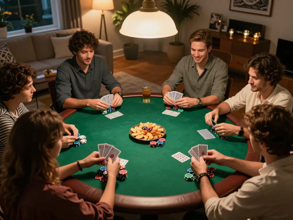 Friends enjoy a thrilling poker game at home, demonstrating strategies while playing FB88.