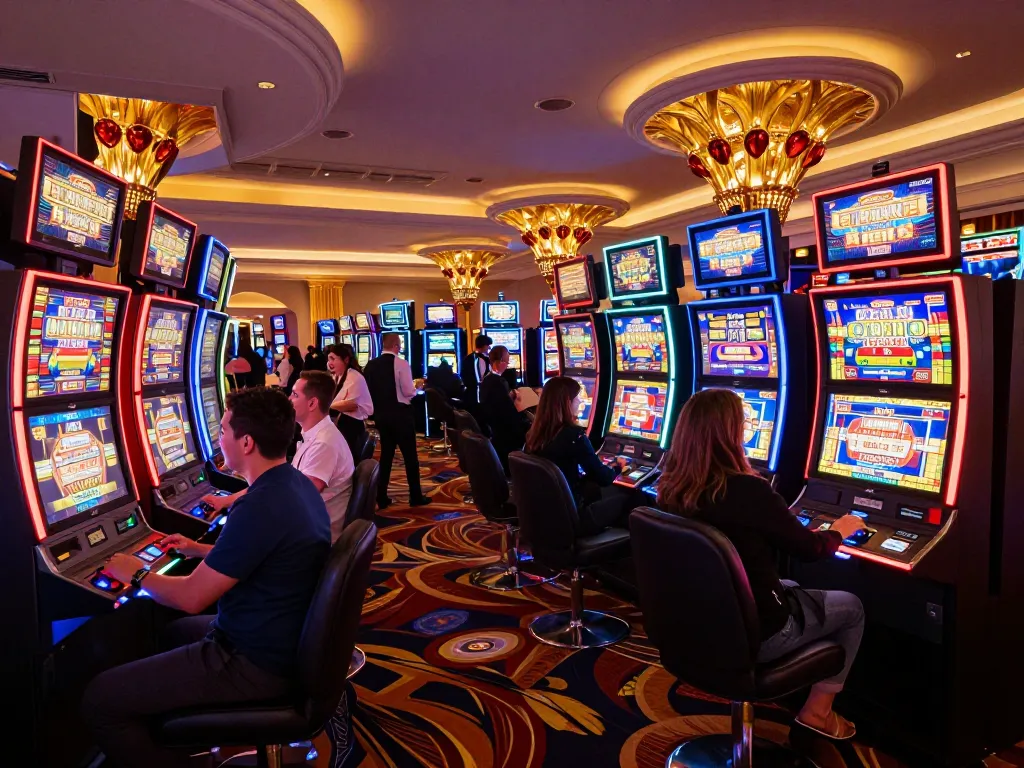 dinamit4d players celebrating wins at vibrant Las Vegas slot machines in a bustling casino