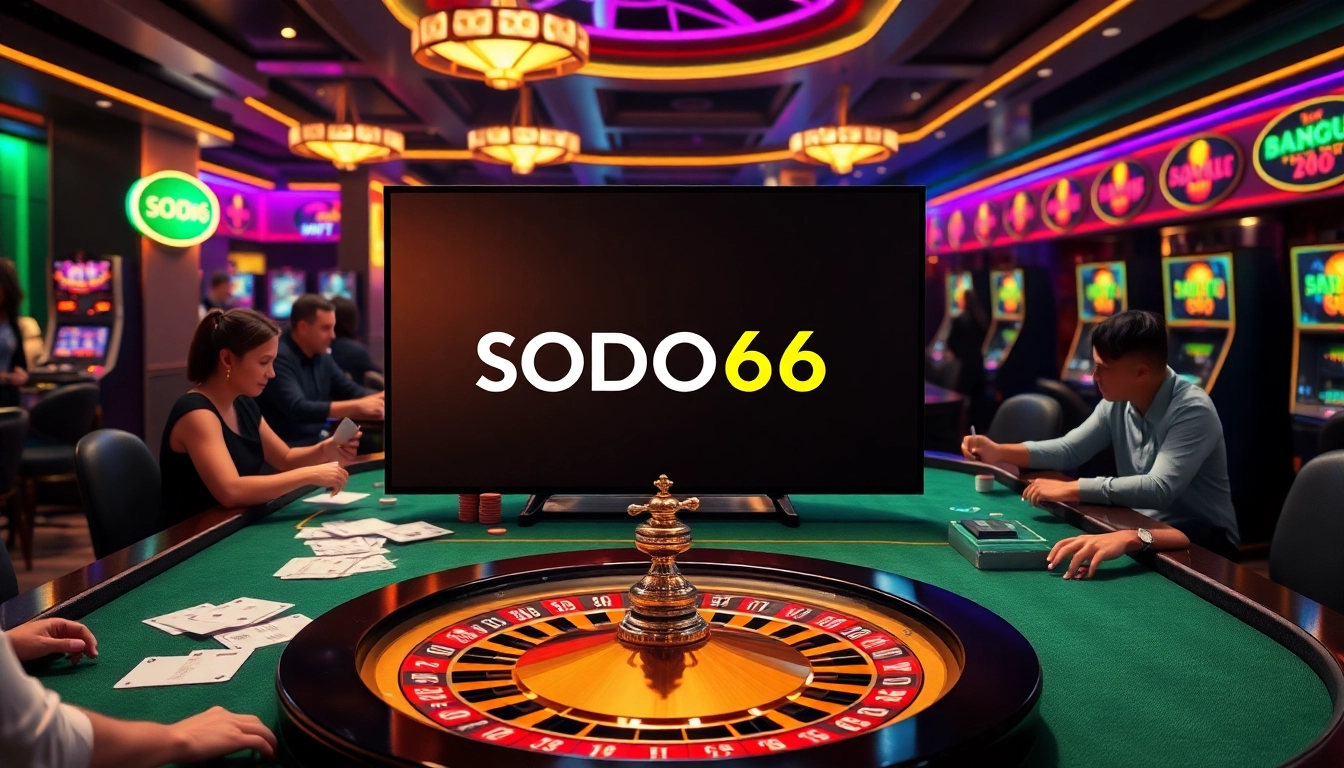 SODO66 online casino gaming scene with vibrant tables, poker chips, and roulette wheel action.