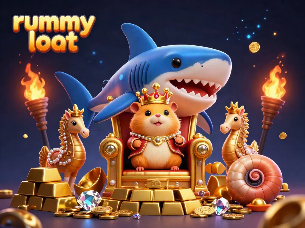 Experience rummy loot gameplay with a golden hamster king ruling a treasure-filled kingdom in a vibrant illustration.