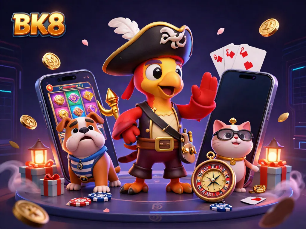 Engage with BK8 through an exciting 3D illustration featuring a pirate captain parrot, bulldog, and cat navigating a vibrant casino landscape.
