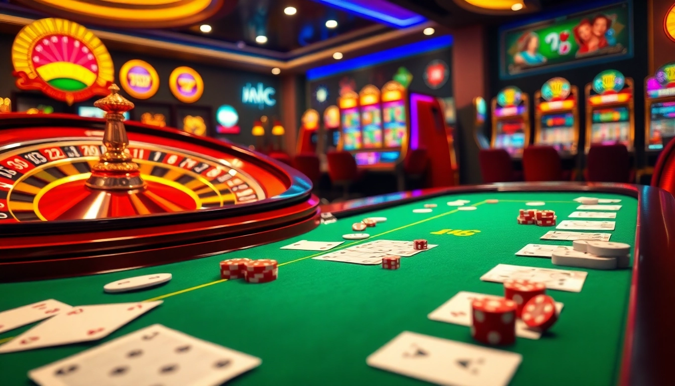 Experience the excitement of casino gaming with nhà cái kjc, showcasing vibrant tables, colorful chips, and dynamic gameplay.