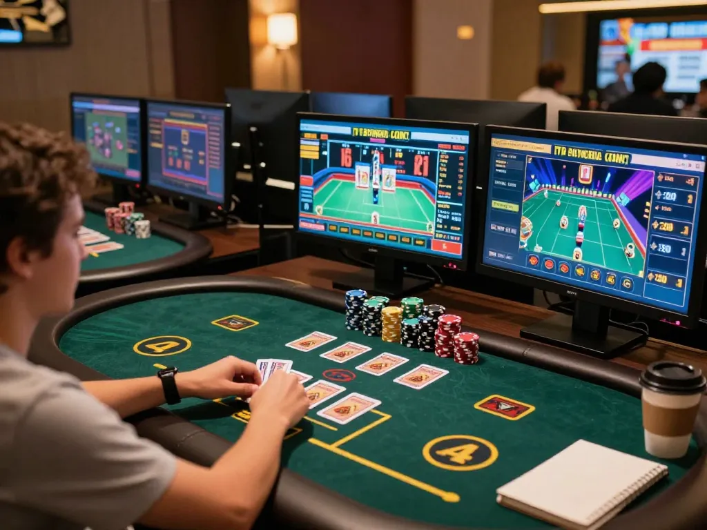Player immersed in online gambling at 789club with multiple game screens and strategic notes.