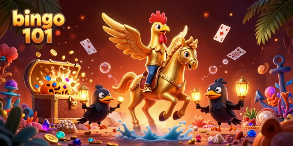 Bingo 101 captivating gaming scene with a golden rooster in a casino setting, showcasing excitement and rewards