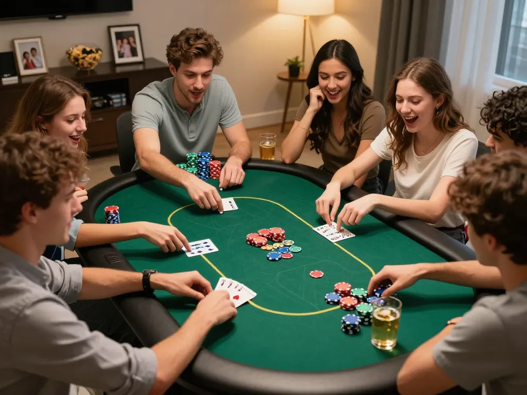 Friends playing poker at home using nowgoal for real-time statistics and strategies, displaying excitement and teamwork.
