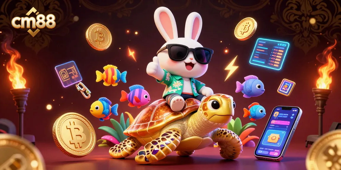Win big at cm88 with the lucky rabbit and golden turtle in a vibrant casino scene.
