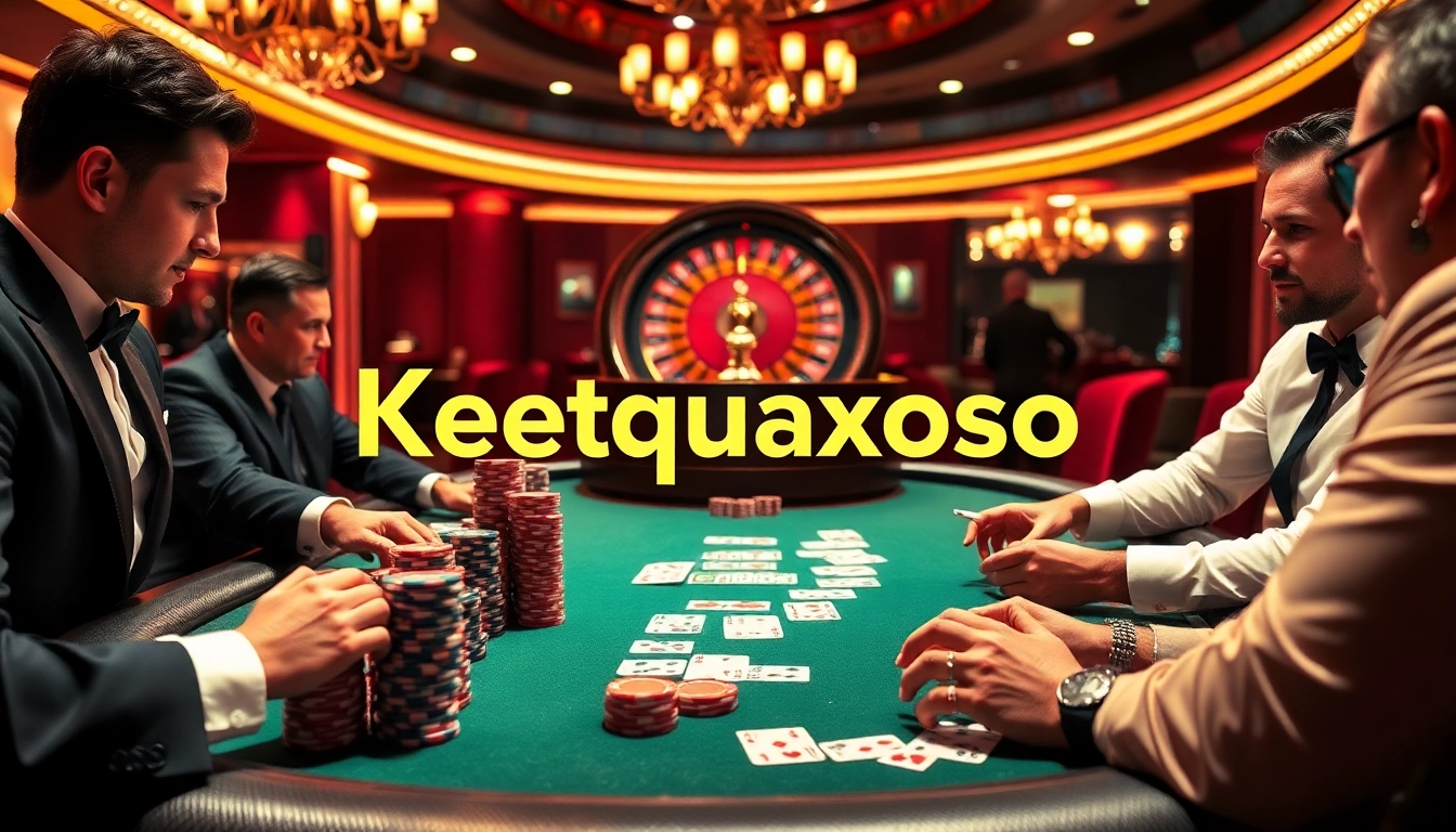 Engage in high-stakes gameplay at a vibrant casino with Ketquaxoso-themed poker action.