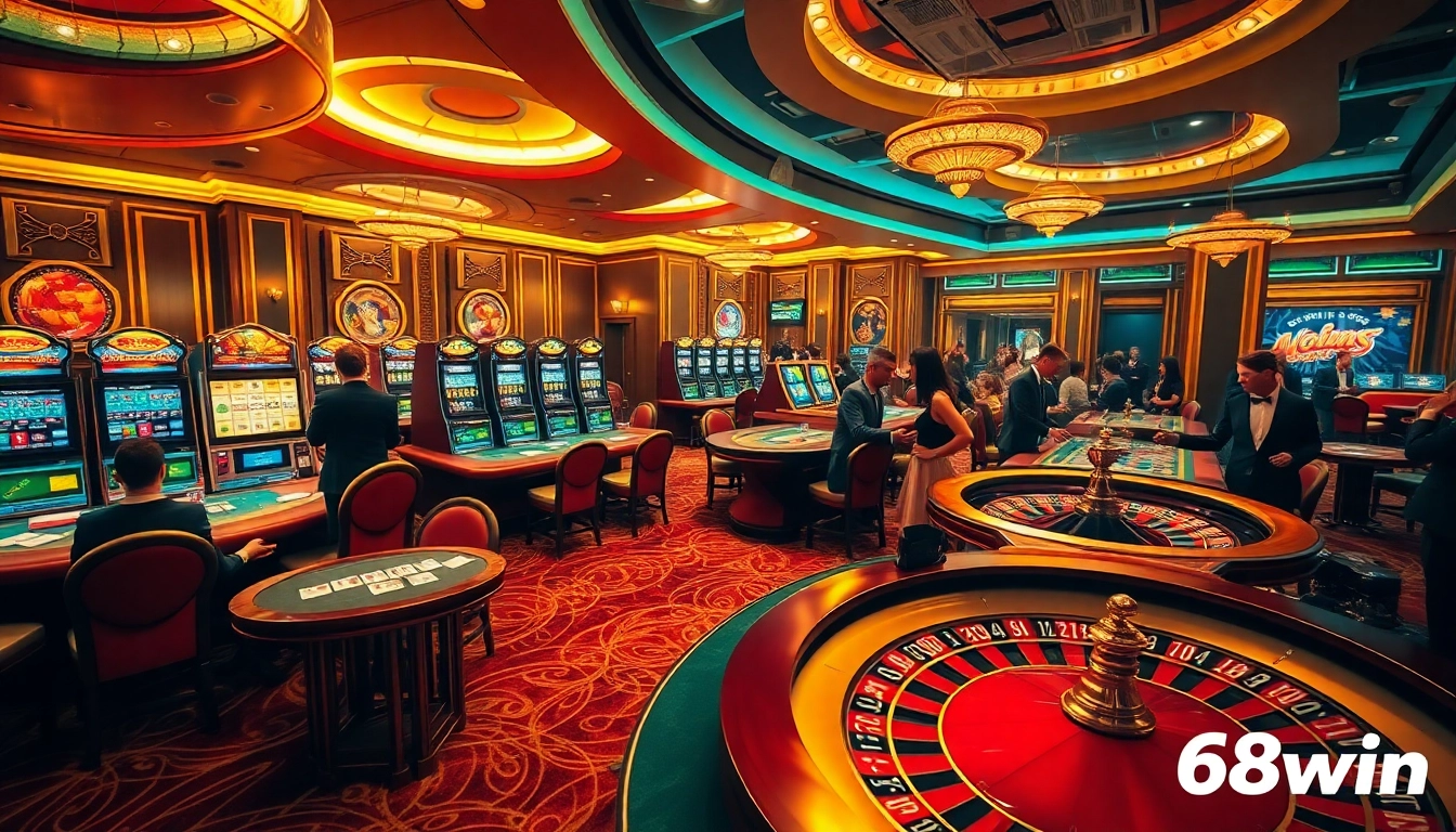 Dynamic gaming action at 68win’s luxurious casino, featuring poker tables and slot machines.