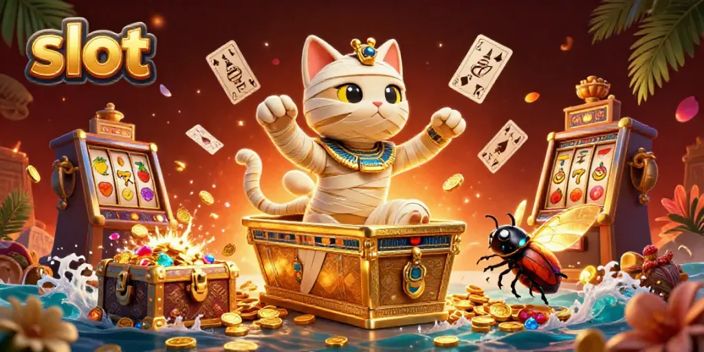 Experience excitement with spinning slot machine reels manned by a cat and a glowing scarab.