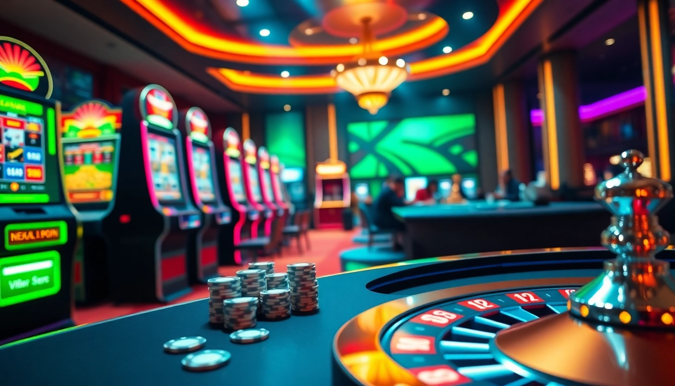 Engaging scene of NEKATWIN online gambling interface showcasing vibrant slot machines and excited players.