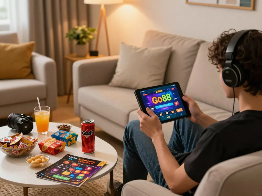 Engaging with the Go88 app on a tablet for online casino games in a cozy home setting.