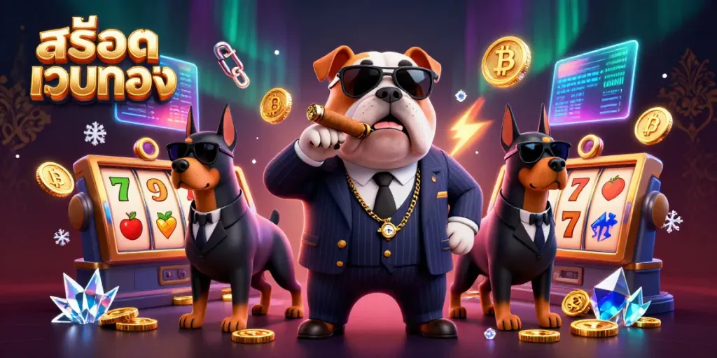 Engage with สล็อตเว็บตรง in a vibrant casino scene led by a mafia boss bulldog.