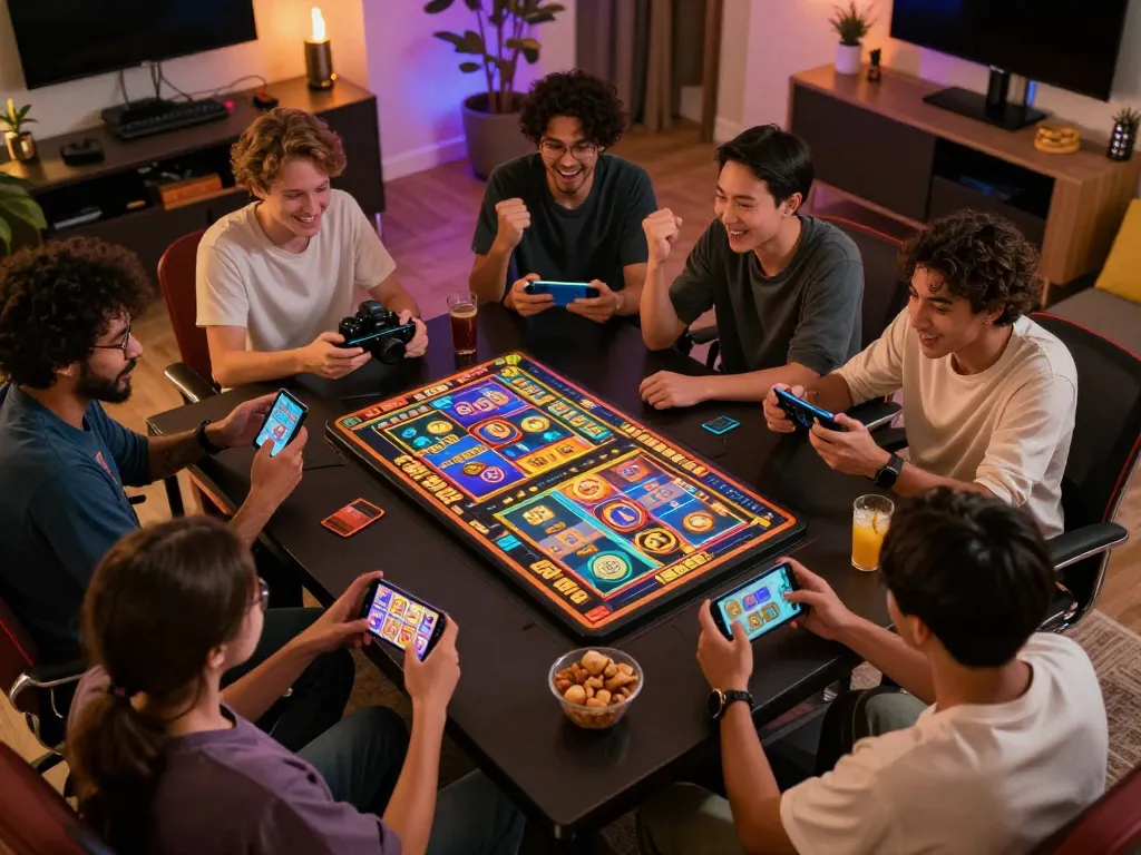 Players celebrating wins while engaging in slot 88 games on their smartphones, showcasing vibrant gameplay.