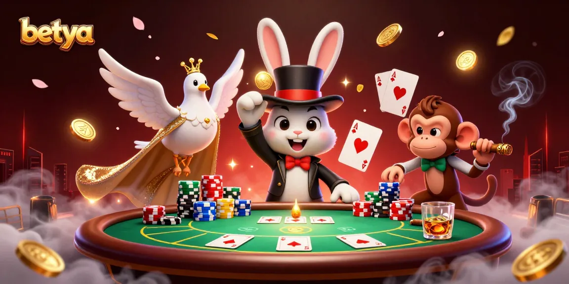 Betya showcases a magician rabbit, dove, and monkey in a thrilling poker scene filled with action.