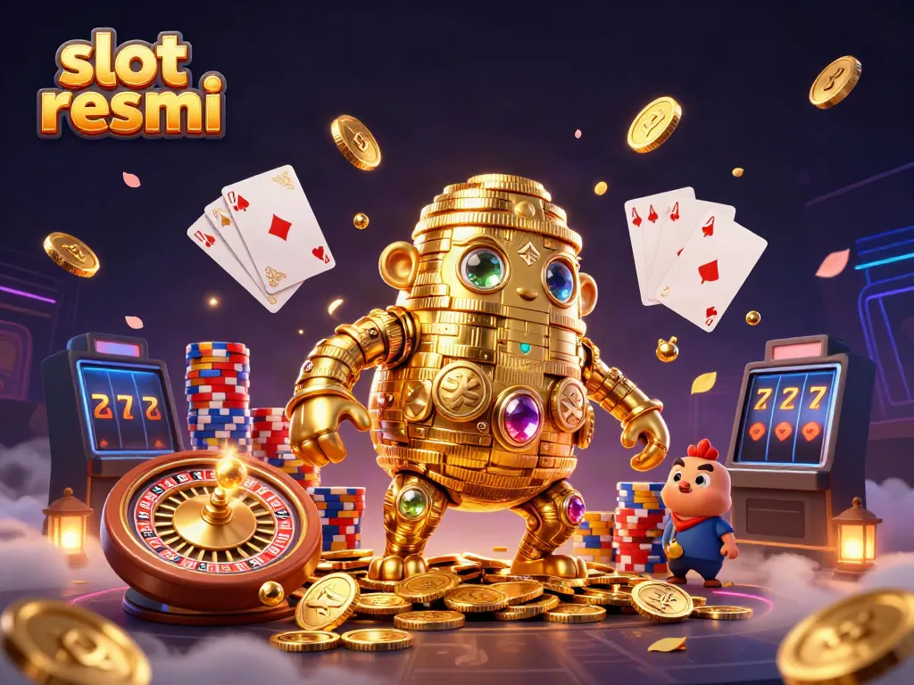 Win big with slot resmi in an energetic jackpot-themed scene featuring a golden golem and casino elements.