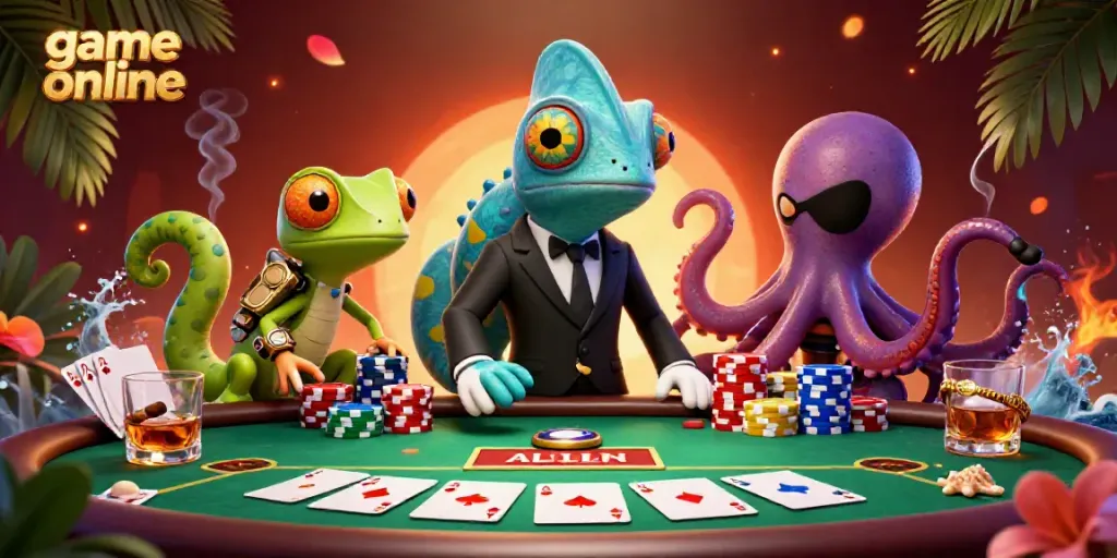 Engage with thrilling poker action in vibrantly illustrated scene showcasing game online excitement.