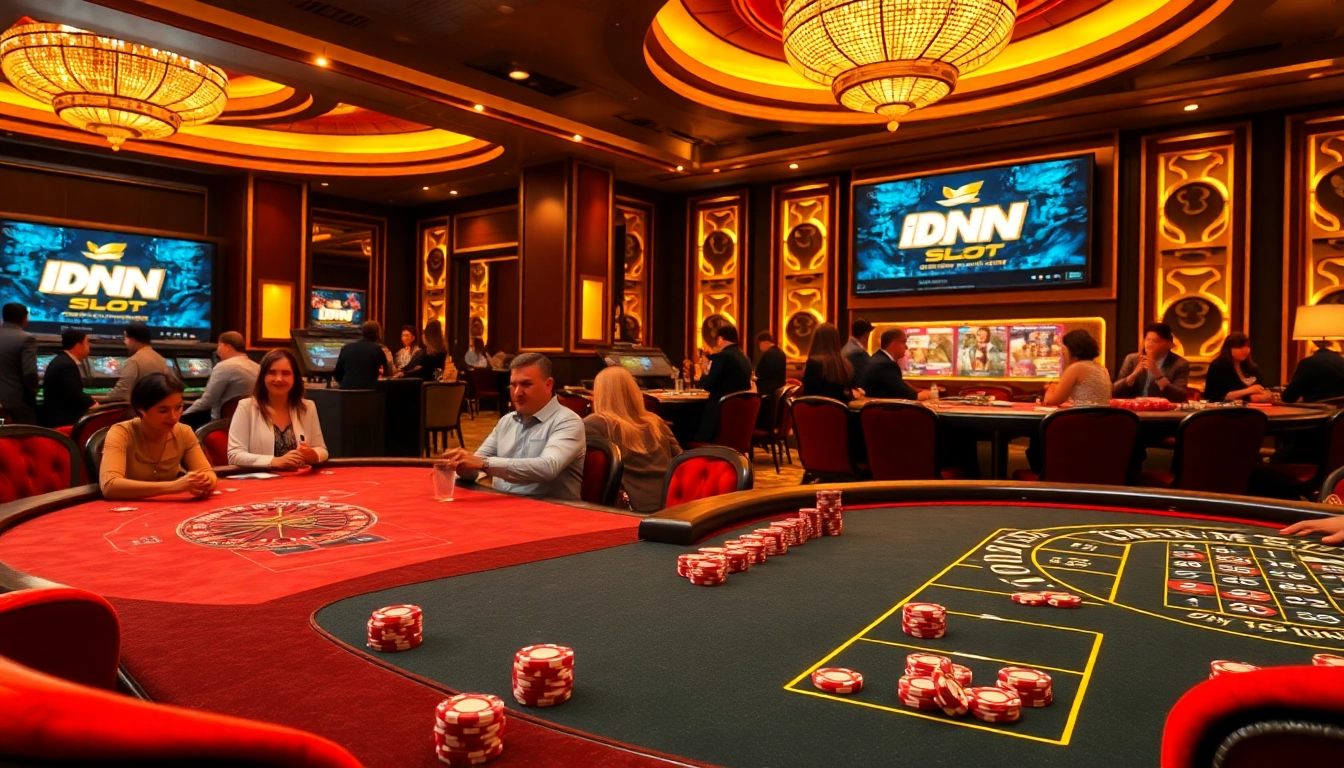 Engaging scene of players enjoying idn slot games at a luxurious casino atmosphere.