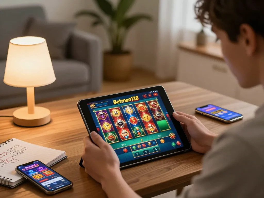 Engaging Betmen138 online gaming session with colorful slots on tablet screen in relaxed home.