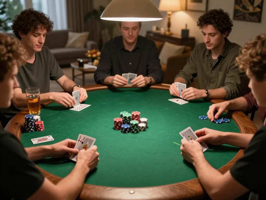 Enjoying poker night with friends at home, showcasing gg88 uy tín and strategic play.