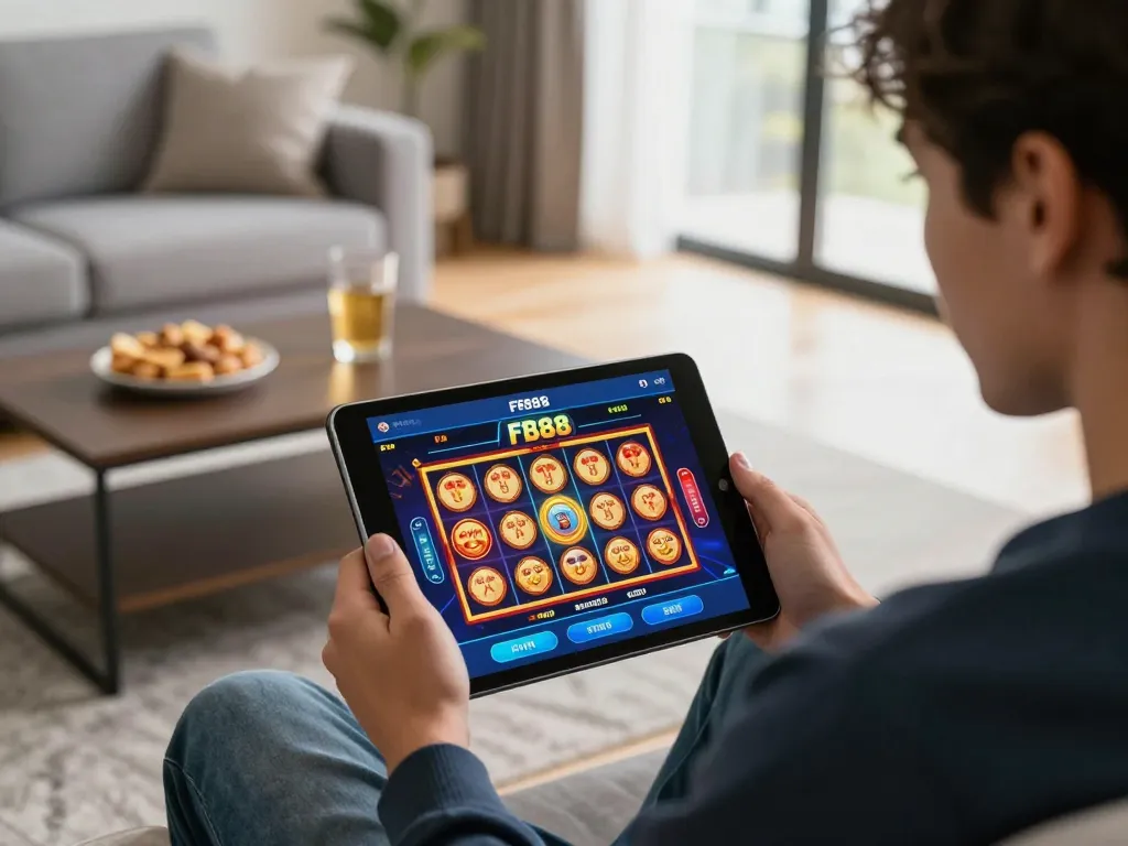 Engage with thrilling FB88 mobile gaming on a tablet in a cozy home setting.