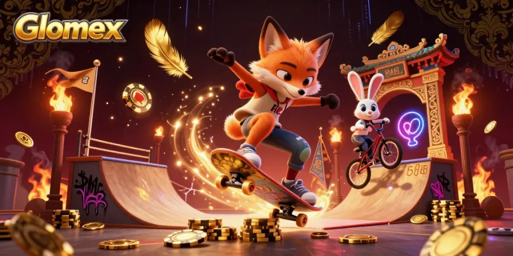 Engage with Glomex's vibrant casino imagery featuring a skateboarder fox in a dynamic gaming scene.