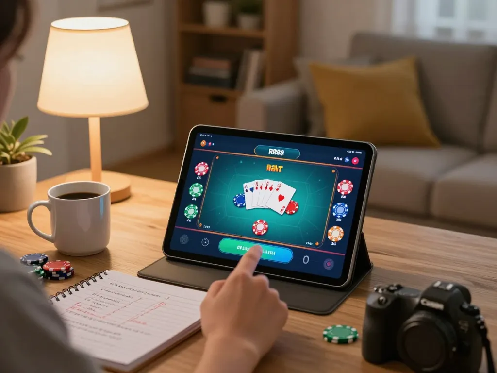 Engaging with the RR88 App while playing poker on a tablet in a cozy home setting.