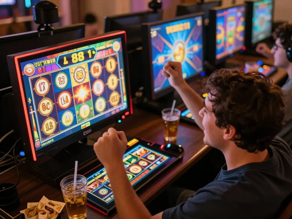Player celebrating a jackpot win on slot88 game surrounded by vibrant screen graphics and cozy home setup.