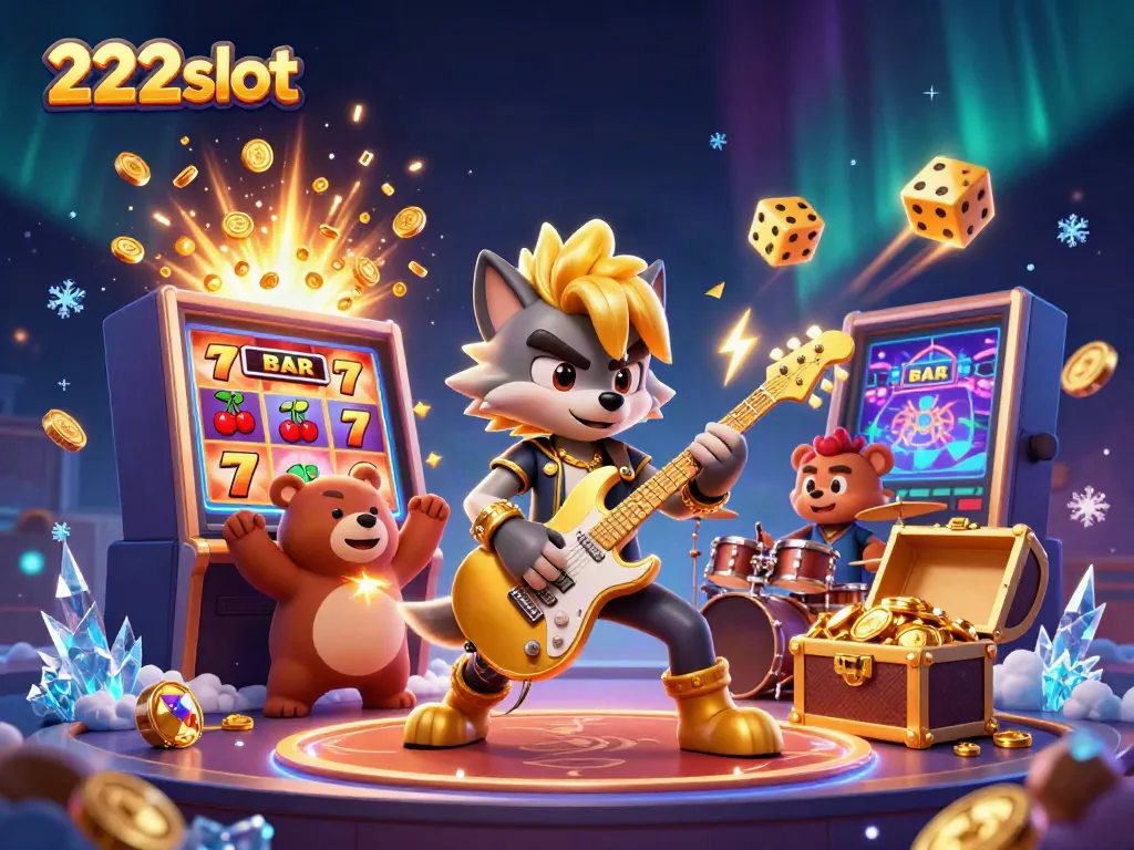 Permainan slot 222slot dengan karakter serigala bintang rock dan beruang drummer di latar kasino.