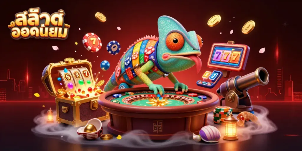 Spin and win with สล็อตยอดนิยม while enjoying a dynamic 3D casino scene of a colorful chameleon and treasures.