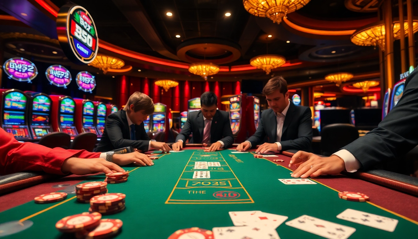 Experience excitement at B52 table game with vibrant poker chips and playing cards, showcasing high-stakes action.