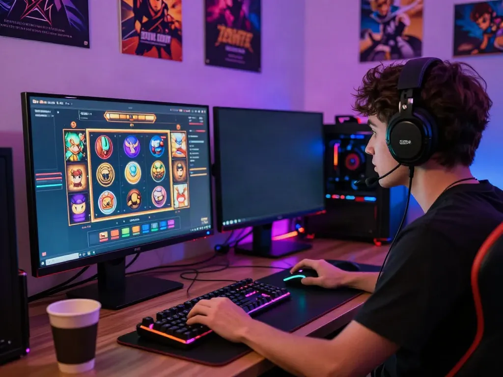 Engaged gamer analyzing akunjp slot game on a vibrant monitor