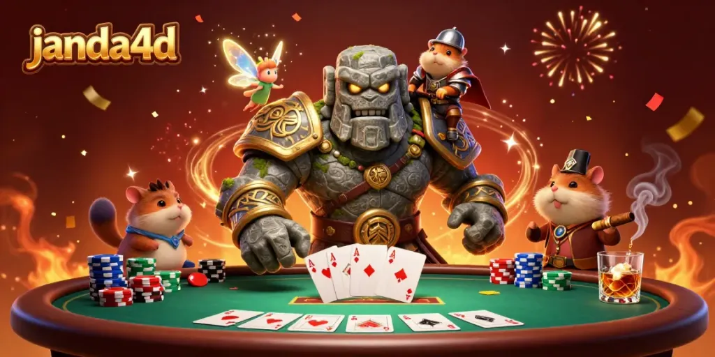 Permainan penuh aksi janda4d di meja poker dengan karakter unik dalam suasana meriah.