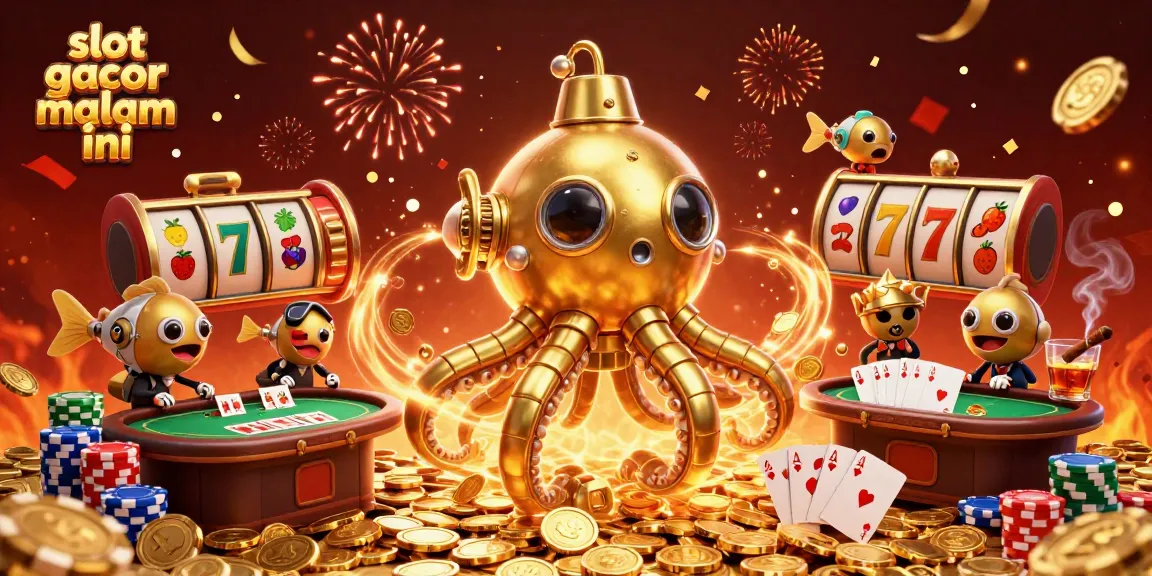Discover slot gacor malam ini with an exciting 3D underwater scene featuring a golden kraken and casino elements.