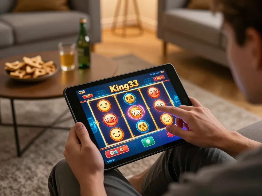 Engaging player enjoying King33 online casino games on a tablet in a cozy home setting.