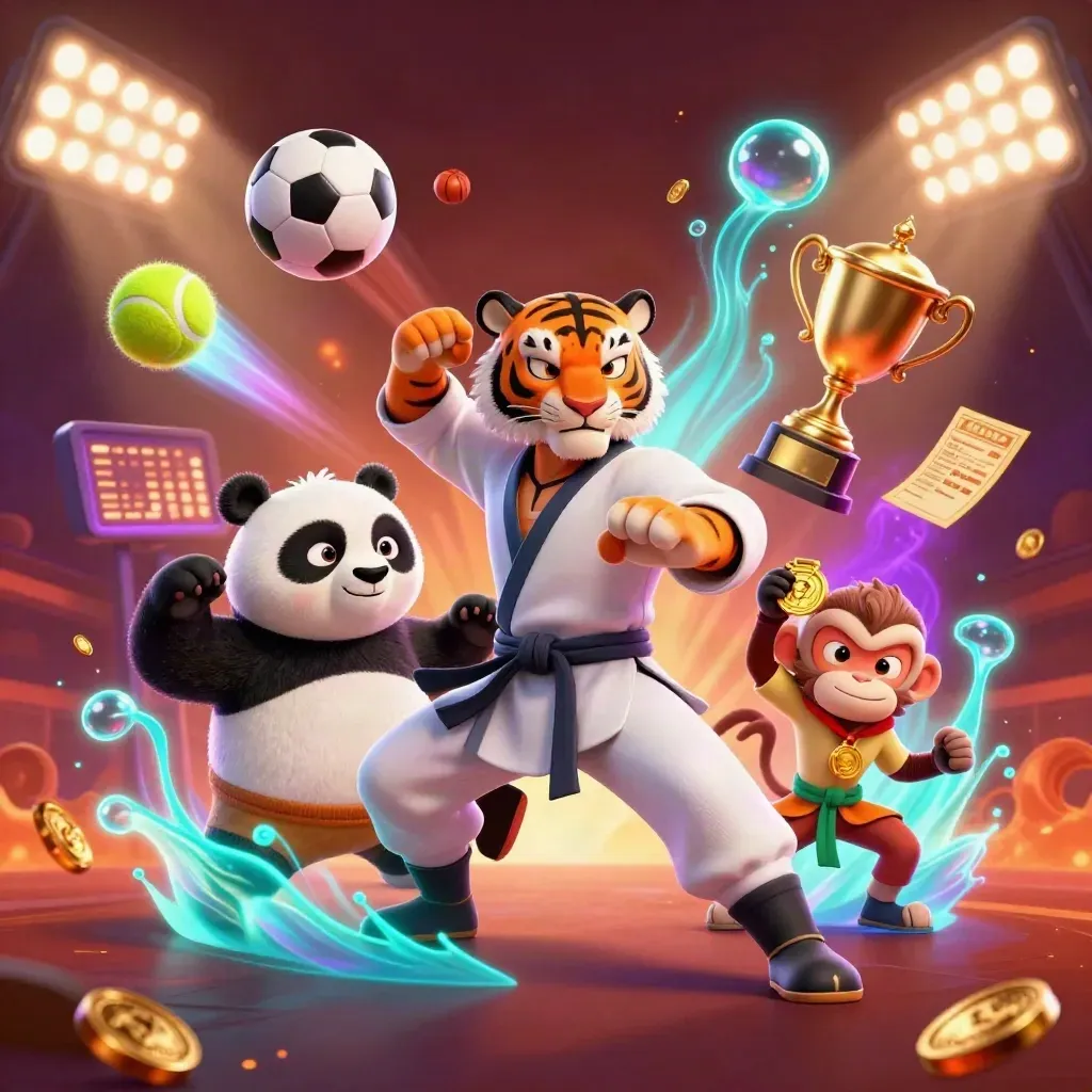 Kung-fu tiger, panda and monkey amid flying sports balls, coins, trophy and neon stadium light