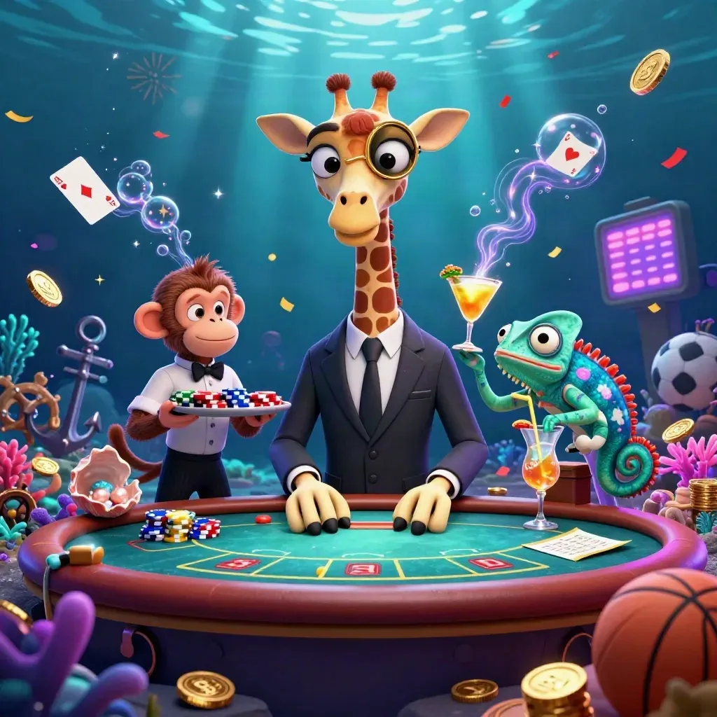 Neon underwater casino scene with giraffe, monkey, chameleon, coins, coral, cards, and sports balls.