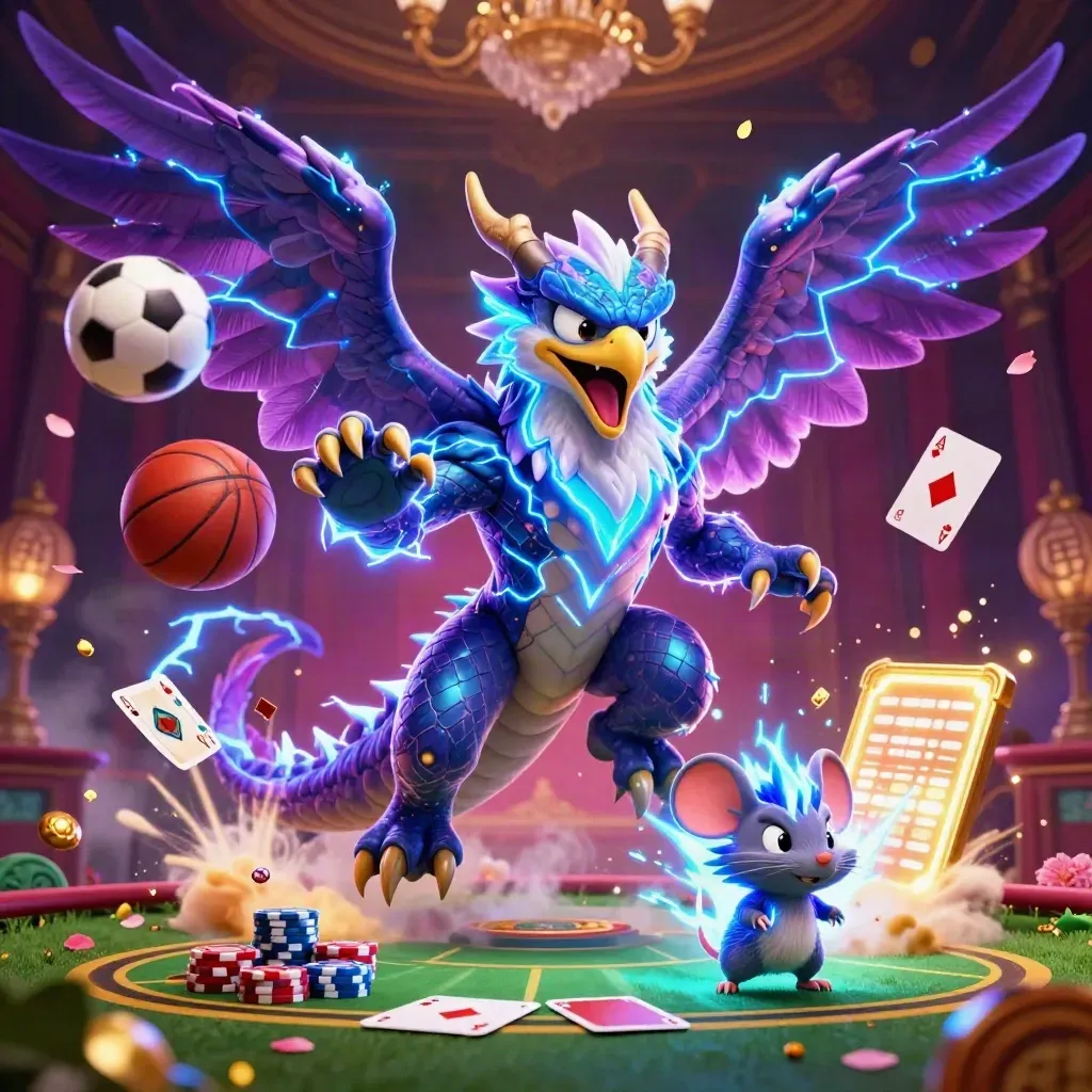 Thunder dragon, hawk, and mouse amid flying balls, poker chips, and neon casino glow.