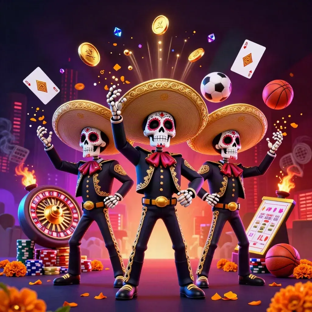 Skeleton mariachi trio amid casino bursts, coins, roulette wheel, cards, chips, soccer and basketball.