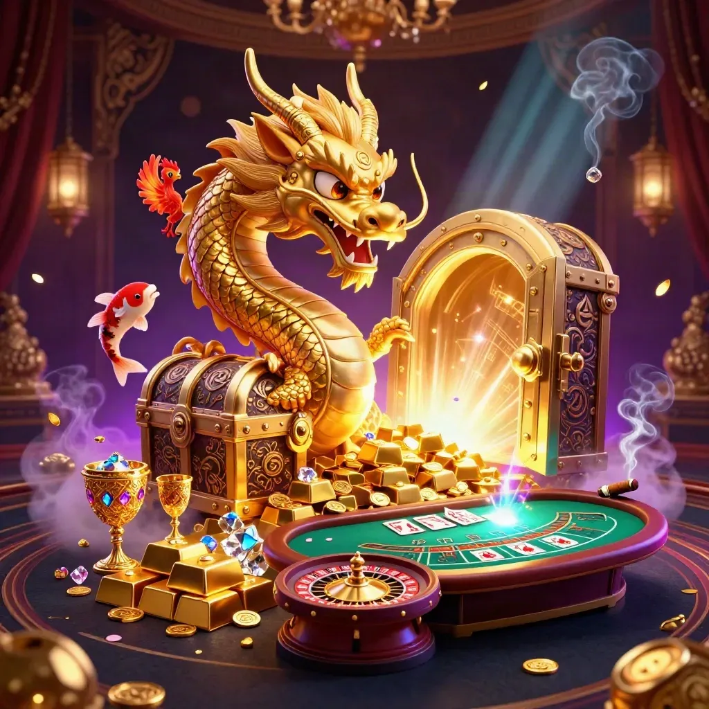 Golden dragon, phoenix and koi burst from a glowing vault in a luxe dark casino room.