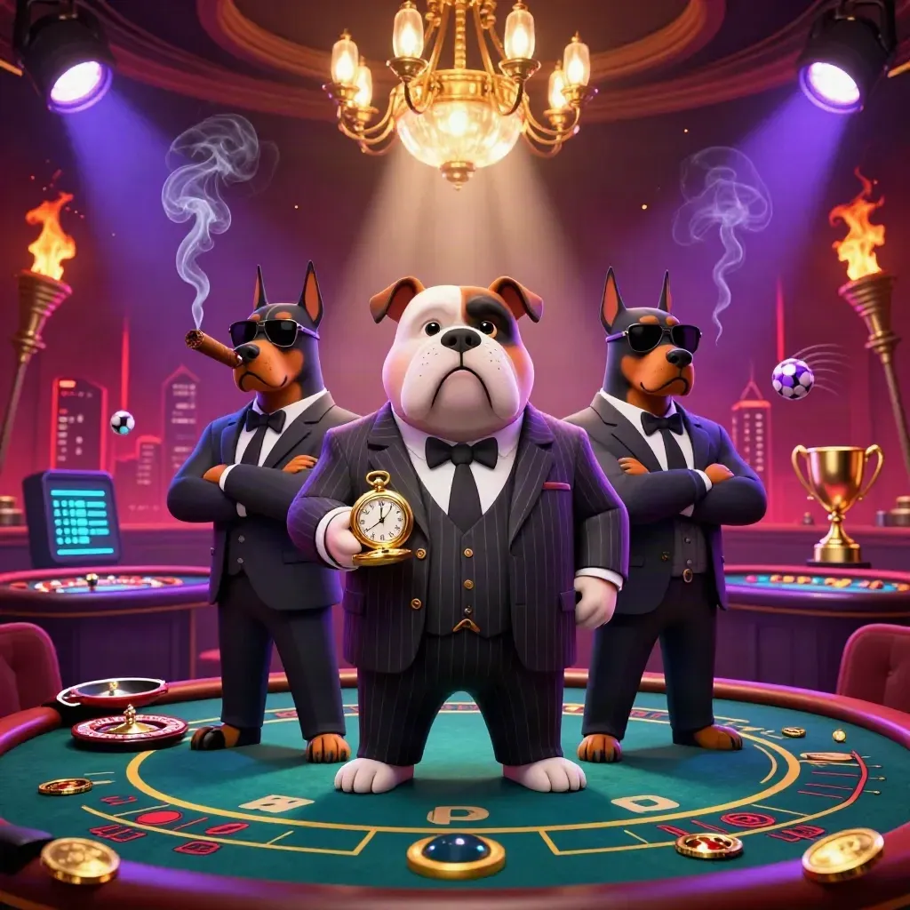 Cartoon bulldog boss with Doberman guards in a neon casino with trophies, coins, and a spinning wheel.
