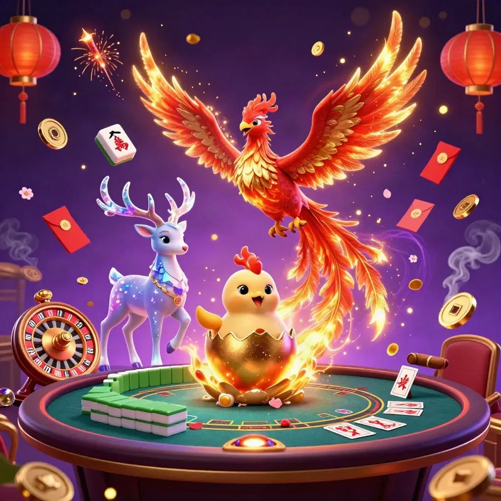 Phoenix trio over casino glow with lanterns, jade coins, and a spinning roulette wheel.
