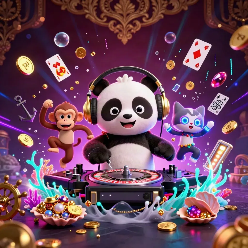 DJ panda, monkey, and glow-stick kitten burst amid treasure, gems, and neon casino energy.