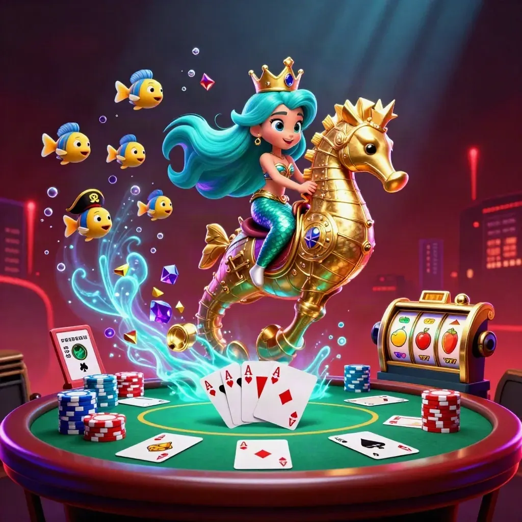 Mermaid princess on golden seahorse amid poker, chips, and glowing casino energy