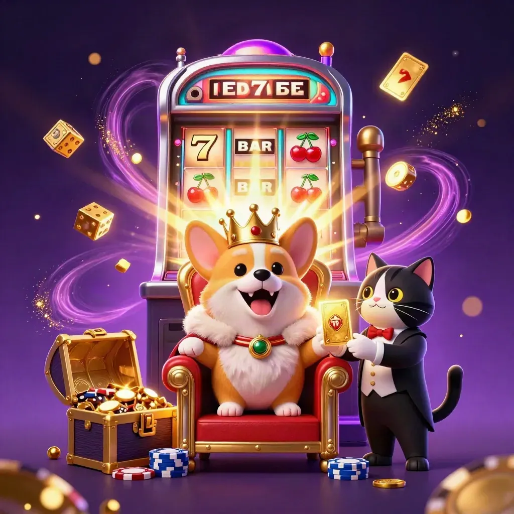 Royal corgi and cat butler amid exploding jackpot gold, cards, dice, and neon casino magic.