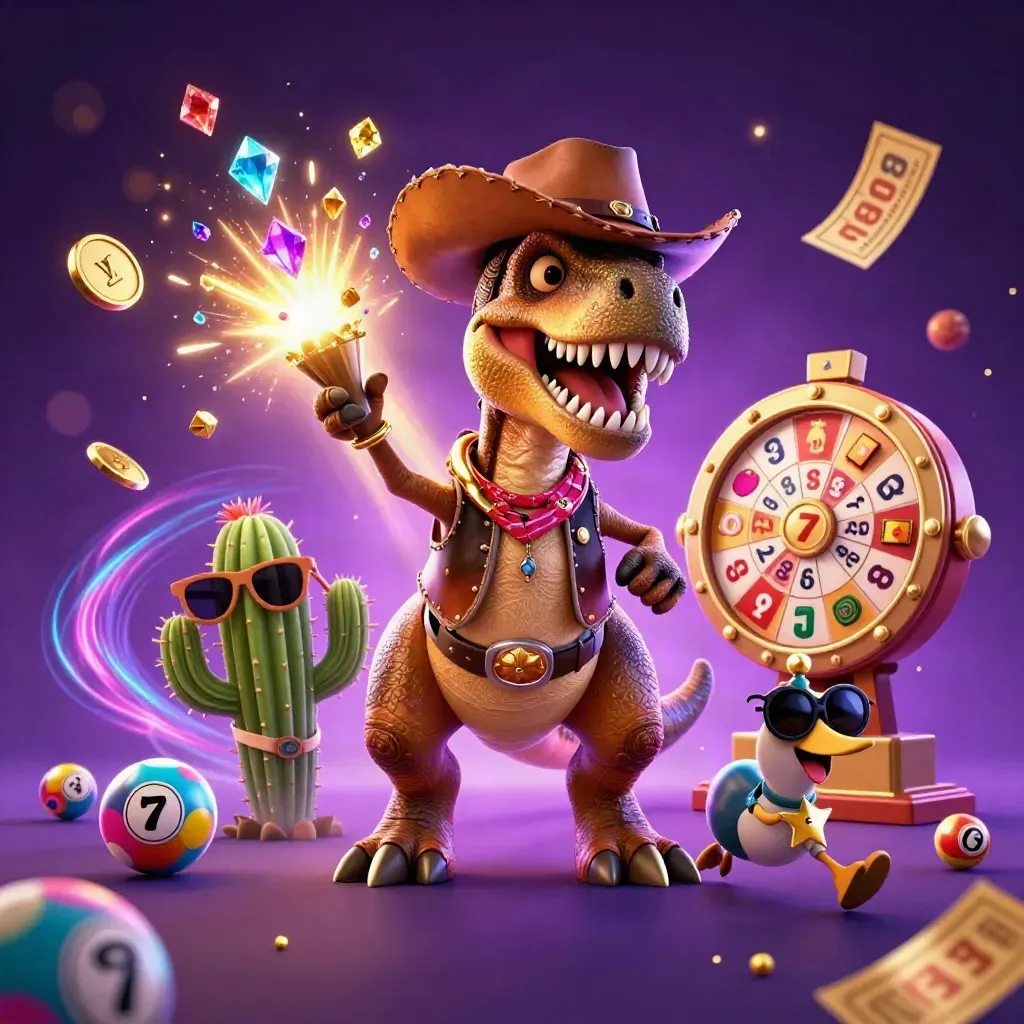 Cowboy T-Rex trio bursting with casino loot, lights, lottery balls, and neon energy.
